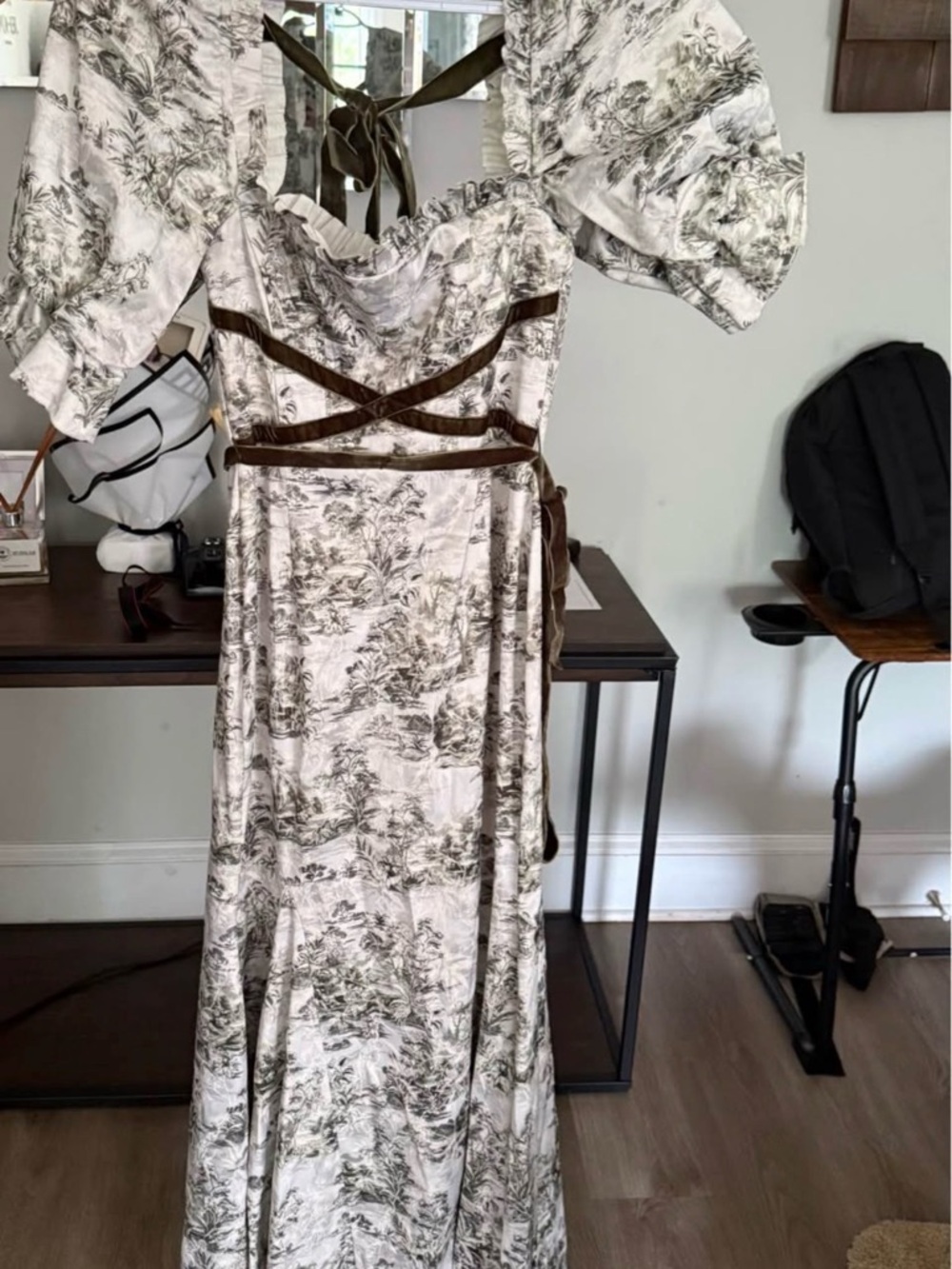 Scenic Print Puff-Sleeve Maxi Dress in White & Olive with Brown Trim